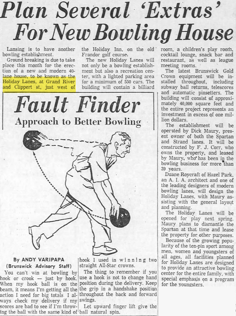 Spare Time Entertainment Center (Holiday Lanes) - Sun  Nov 5 1961 Opening Article (newer photo)